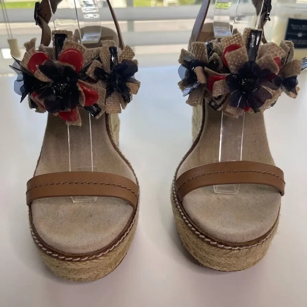 Tory Burch Linen Espadrille Wedge 7.5 Double Strap Sandals Boho Floral Jeweled